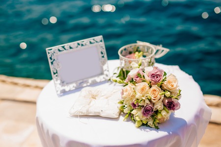 A table for a wedding ceremony in Montenegro. Wedding decorations.の写真素材