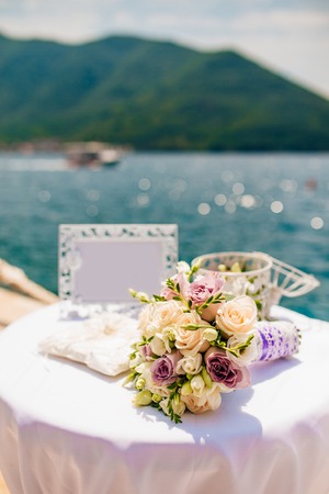 A table for a wedding ceremony in Montenegro. Wedding decorations.の写真素材