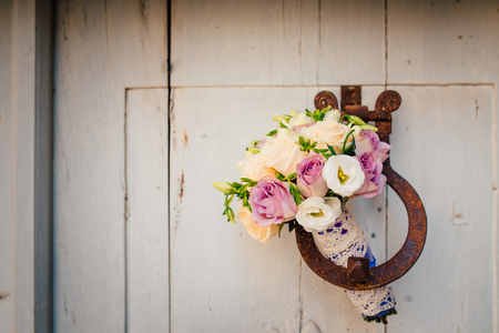 Wedding bouquet on a wooden background. Wedding in Montenegroの写真素材