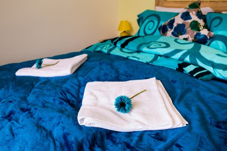 Interior of the bedroom in white and green colors. The large double bed is blue.