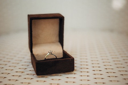 Wedding rings of the newlyweds in a box. Engagement gold rings. Wedding in Montenegro.の写真素材