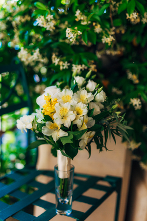 Wedding bouquet on a green background. Wedding in Montenegroの写真素材