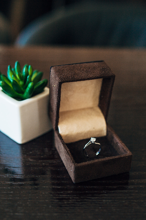 Wedding rings of the newlyweds in a box. Engagement gold rings. Wedding in Montenegro.の写真素材