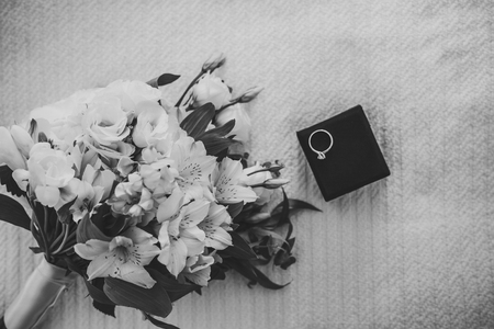 Wedding rings of the newlyweds in a box. Engagement gold rings. Wedding in Montenegro.の写真素材