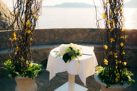 A table for a wedding ceremony in Montenegro. Wedding decorations.の写真素材