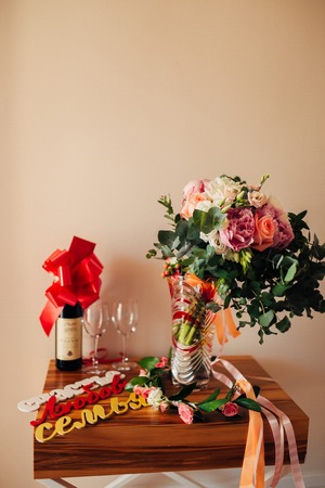 Wedding bouquet on a table. Wedding in Montenegroの写真素材