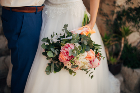 Newlyweds hug each other in Montenegro. Wedding in Montenegro.の写真素材
