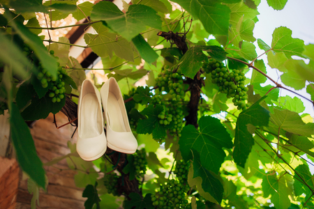 brides shoes lie on the green grass in the forest next to a wedding bouquet of flowers and greeneryの写真素材