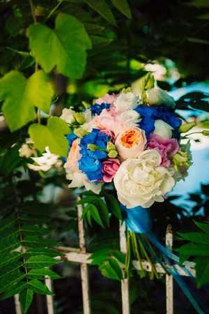Wedding bouquet on a green background. Wedding in Montenegroの写真素材