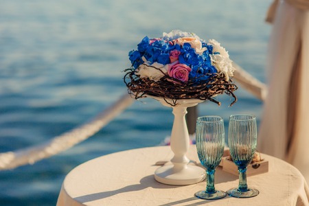 Flower compositions at the wedding ceremony. Wedding in Montenegro by the sea.の写真素材