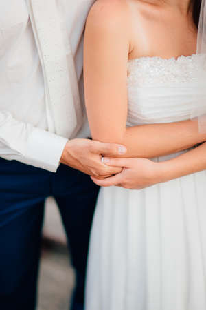 Newlyweds hug each other in Montenegro. Wedding in Montenegro.の写真素材