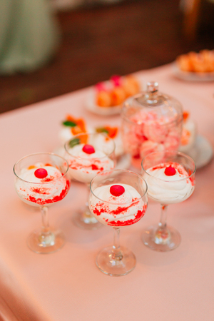 Vanilla pudding in a glass with a cherry. Wedding in Montenegroの写真素材