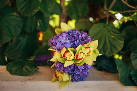 Wedding bouquet on a green background. Wedding in Montenegroの写真素材