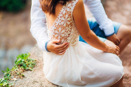 Newlyweds hug each other in Montenegro. Wedding in Montenegro.の写真素材