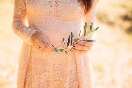 Olive branch in tender female hands. Wedding in Montenegro.