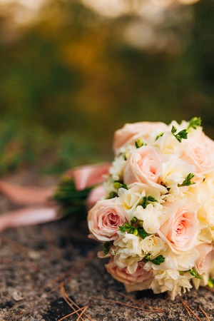 Wedding bouquet on a stone background. Wedding in Montenegro