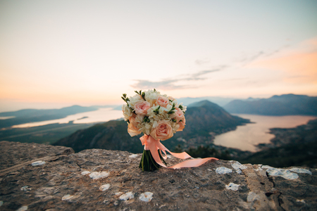 Wedding bouquet on a stone background. Wedding in Montenegroの写真素材