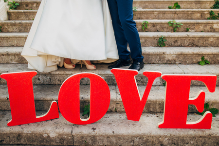Wooden plaque on the steps LOVE. Wedding in Montenegroの写真素材