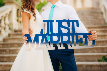 Wooden plaque JUST MARRIED. Wedding in Montenegroの写真素材