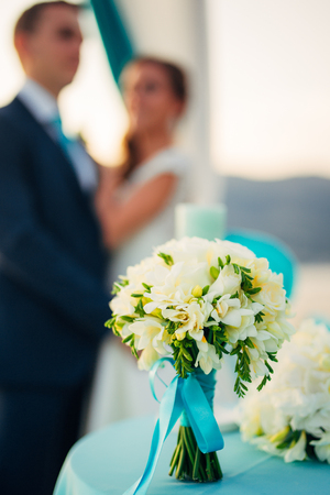 Wedding bouquet on a table. Wedding in Montenegroの写真素材