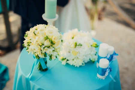 Wedding bouquet on a table. Wedding in Montenegroの写真素材