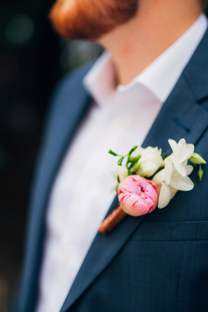 Wedding flower boutonniere groom. Wedding in Montenegro.の写真素材
