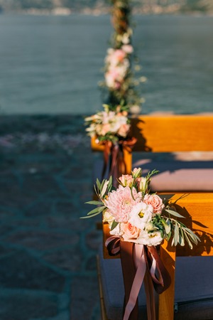 Flower compositions at the wedding ceremony. Wedding in Montenegro by the sea.の写真素材