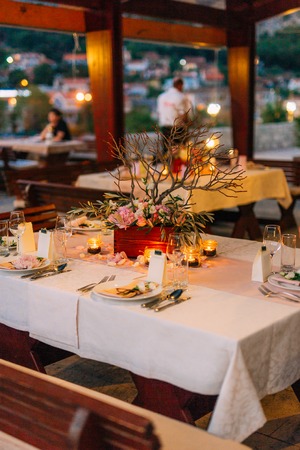 Wedding table In a restaurant outdoors. Wedding in Montenegro