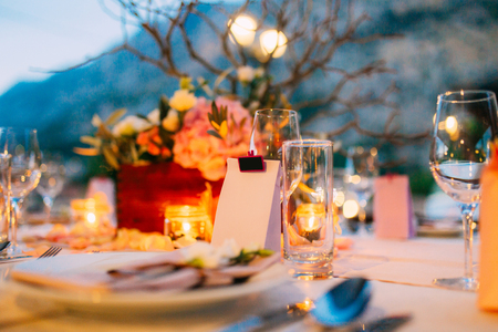 Wedding table In a restaurant outdoors. Wedding in Montenegroの写真素材