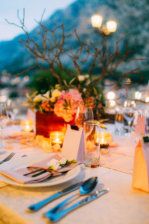 Wedding table In a restaurant outdoors. Wedding in Montenegroの写真素材