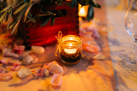 Candles on the wedding table at a banquet in Montenegro.の写真素材