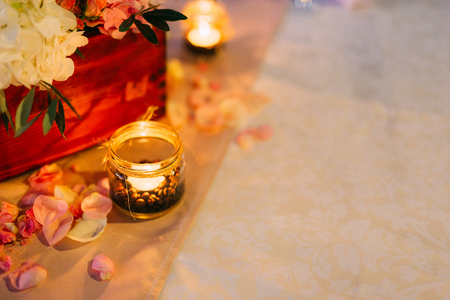 Candles on the wedding table at a banquet in Montenegro.の写真素材