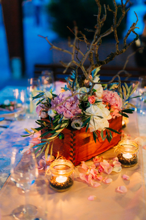 Candles on the wedding table at a banquet in Montenegro.の写真素材