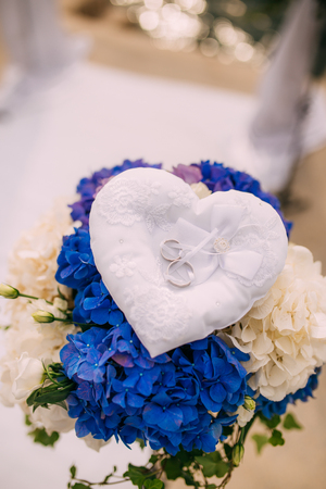 Wedding rings of a newly-married couple on a cushion for rings. Engagement gold rings. Wedding in Montenegro.の写真素材
