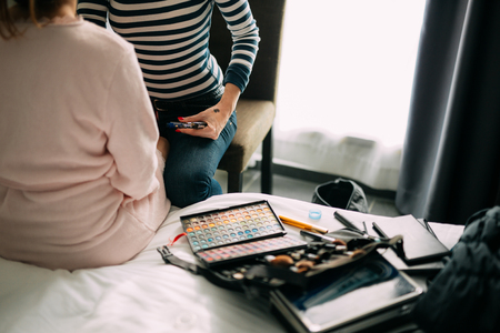 Tools make-up artist. The make-up artist does makeup to the bride.の写真素材