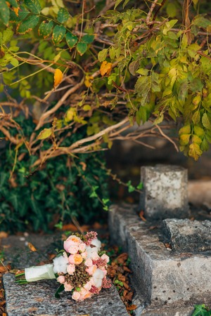Wedding bouquet on a stone background. Wedding in Montenegroの写真素材
