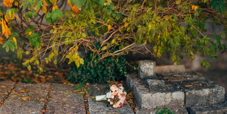 Wedding bouquet on a stone background. Wedding in Montenegroの写真素材
