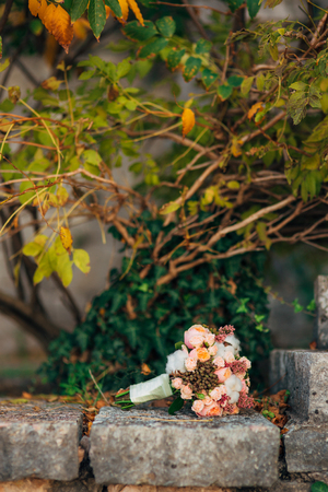 Wedding bouquet on a stone background. Wedding in Montenegroの写真素材