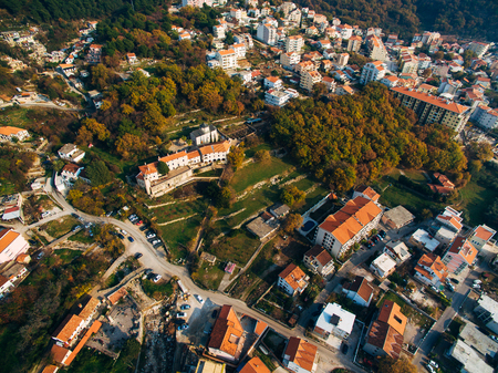 The central part of the modern town of Budva with hotels and high-rise buildings. Aerial view. Europeの写真素材