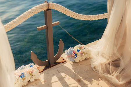 Flower compositions at the wedding ceremony. Wedding in Montenegro by the sea.の写真素材