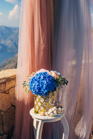 Flower compositions at the wedding ceremony. Wedding in Montenegro by the sea.の写真素材