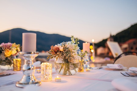Candles on the wedding table at a banquet in Montenegro.の写真素材