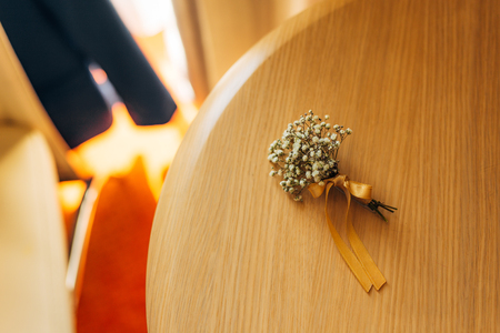 Wedding flower boutonniere groom. Wedding in Montenegro.の写真素材