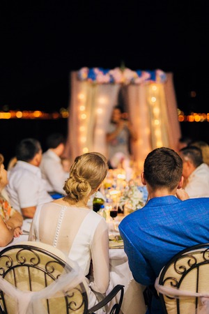 Newlyweds are hugging at a wedding banquet. Wedding in Montenegro.の写真素材