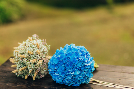 Wedding bouquet on a wooden background. Wedding in Montenegroの写真素材