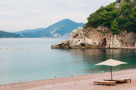 Beach near the island Sveti Stefan in Montenegroの写真素材
