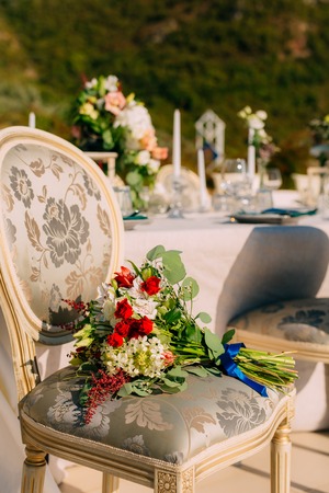 Wedding Bouquet on the couch. Wedding in Montenegroの写真素材