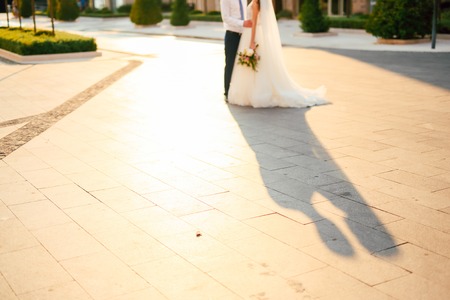 The shadow of the couple on the floor. Silhouette of the shadow of the newlyweds on the asphalt in Montenegro.の写真素材