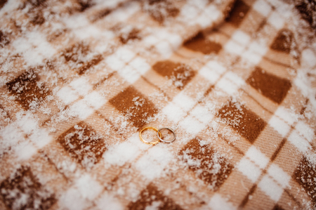 Wedding rings of newlyweds in the snow. Engagement gold rings. Wedding in Montenegro.の写真素材