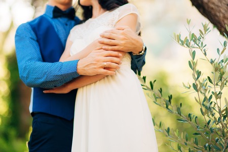 Newlyweds hug each other in Montenegro. Wedding in Montenegro.の写真素材